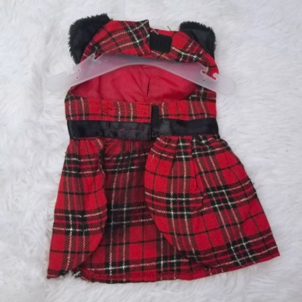 Plaid Doggy Dress with Faux Fur Collar and Bow, XS - Picture 2 of 2